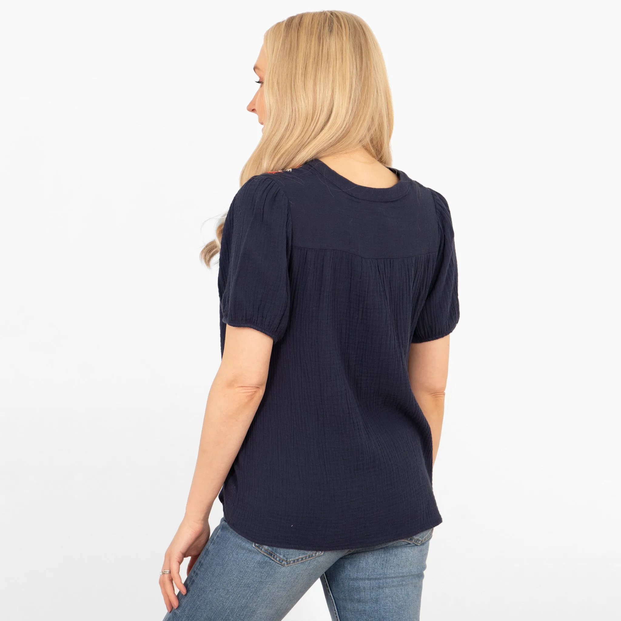 Lula Short Sleeve Cotton Blouse - Navy Blue, Floral Embroidery