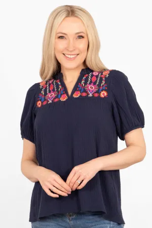 Lula Short Sleeve Cotton Blouse - Navy Blue, Floral Embroidery