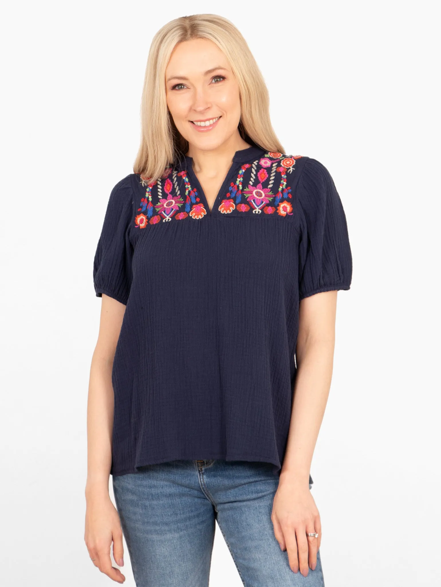 Lula Short Sleeve Cotton Blouse - Navy Blue, Floral Embroidery