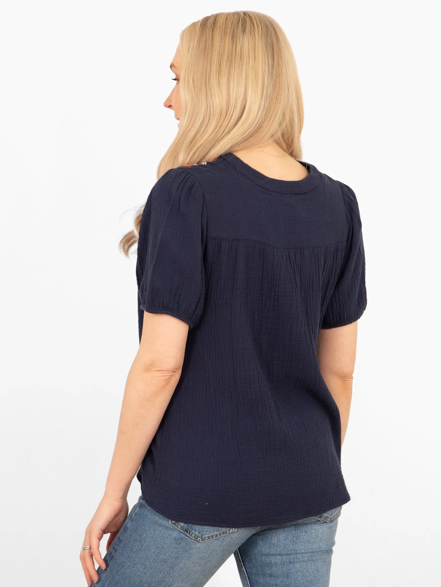 Lula Short Sleeve Cotton Blouse - Navy Blue, Floral Embroidery