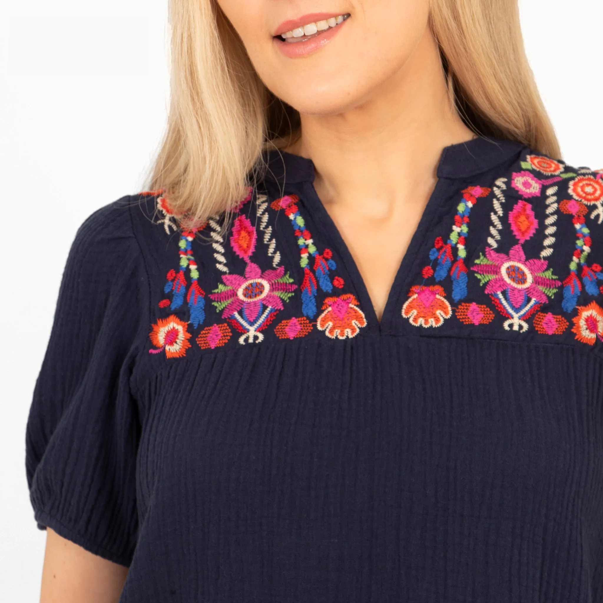 Lula Short Sleeve Cotton Blouse - Navy Blue, Floral Embroidery