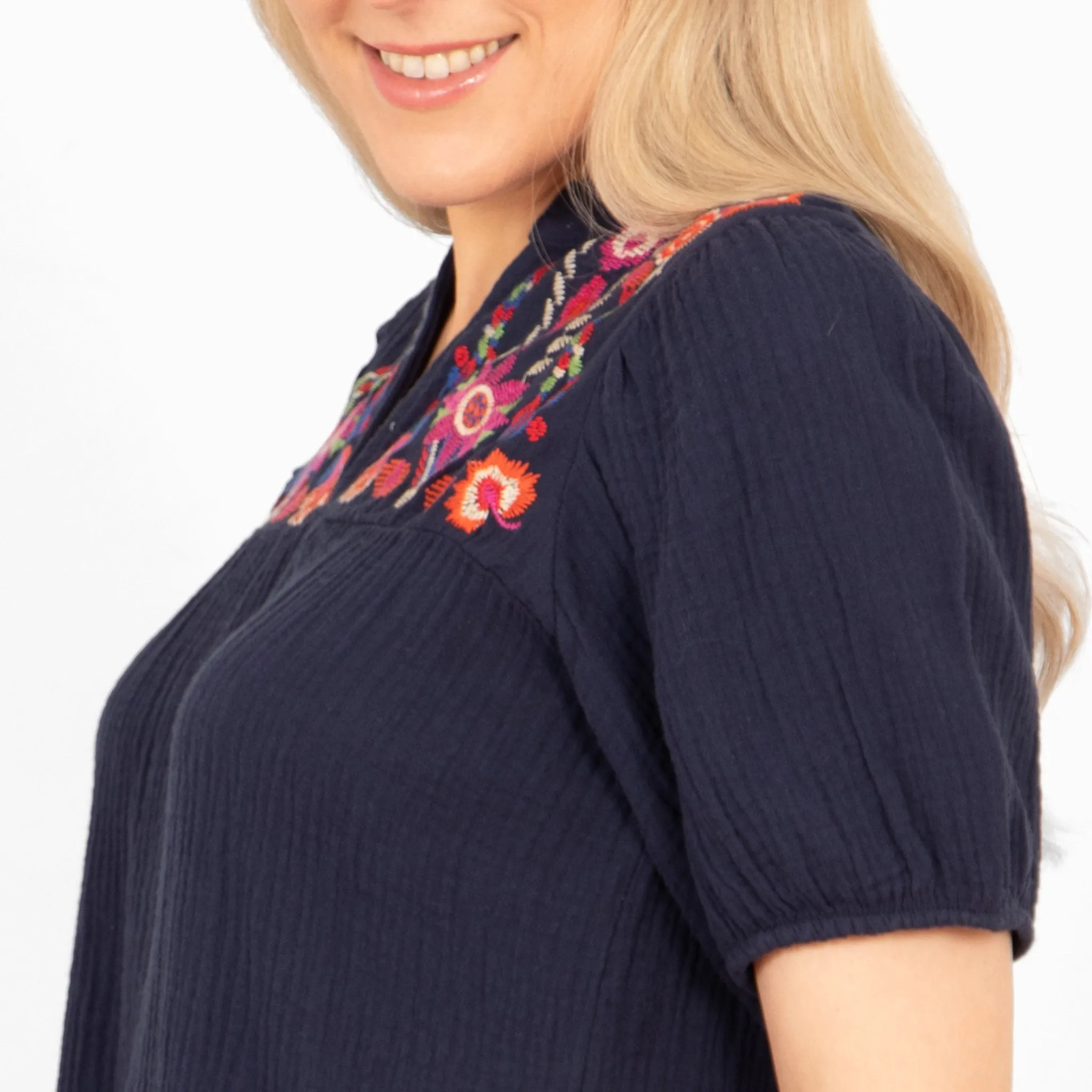 Lula Short Sleeve Cotton Blouse - Navy Blue, Floral Embroidery