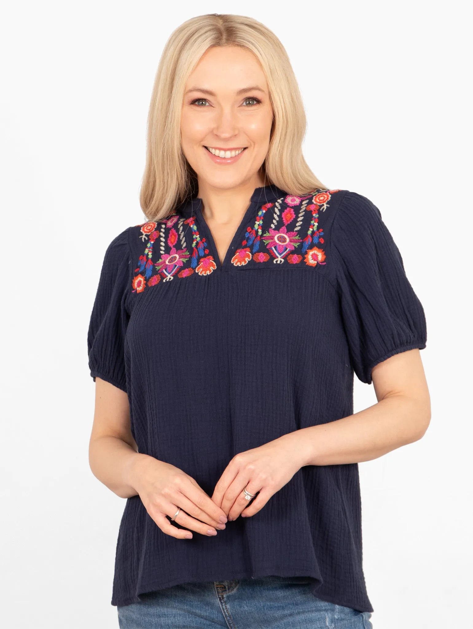 Lula Short Sleeve Cotton Blouse - Navy Blue, Floral Embroidery