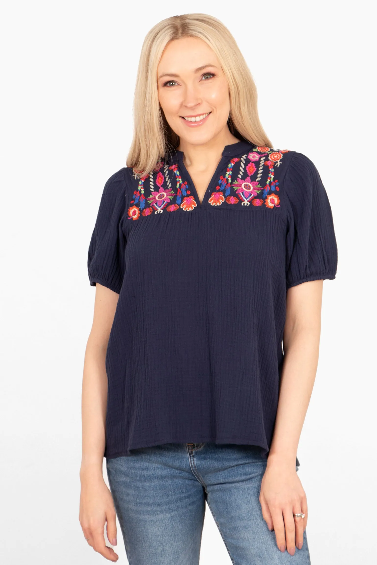 Lula Short Sleeve Cotton Blouse - Navy Blue, Floral Embroidery