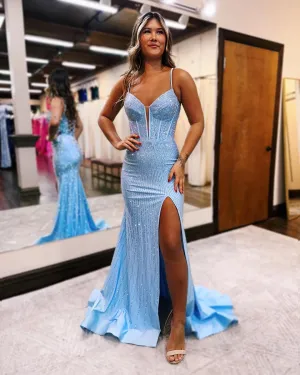 Mermaid Satin Beaded Red Prom Dress with Slit