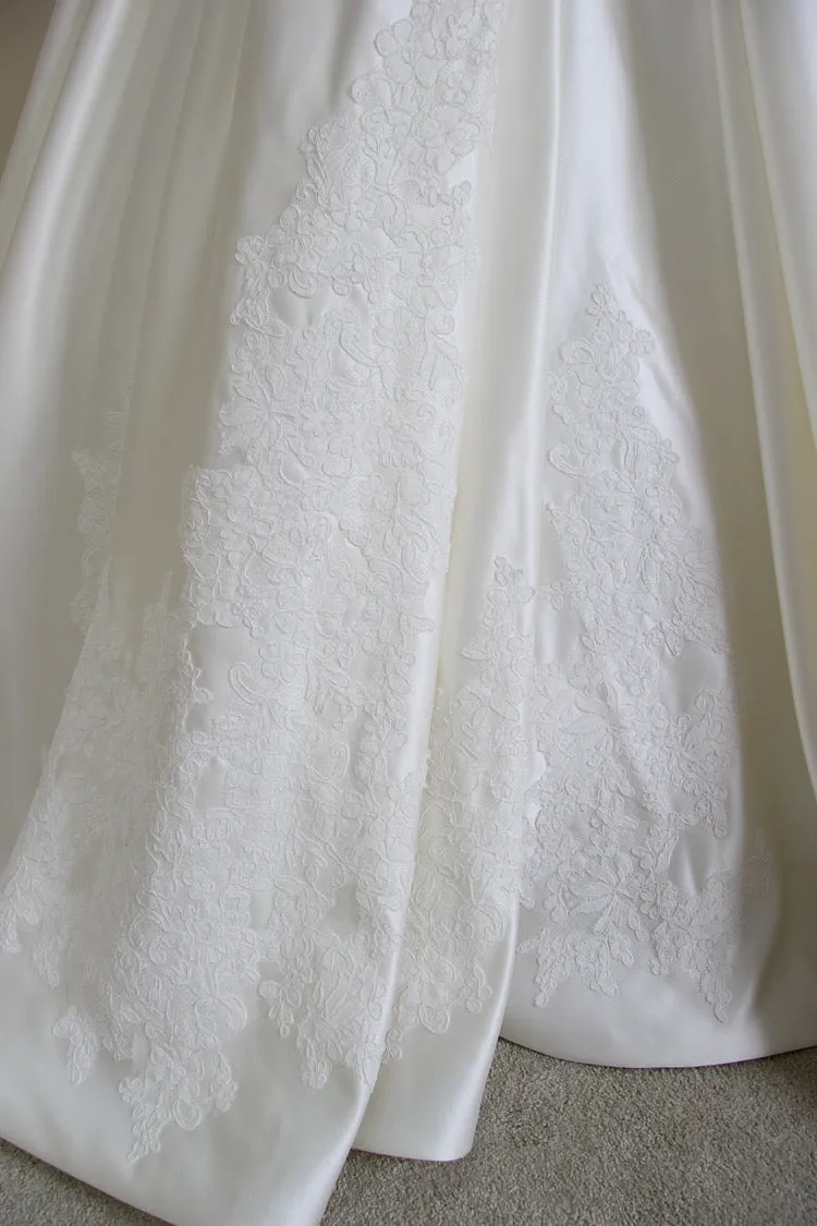 Off shoulder mikado matte satin alencon lace embellishments ivory white ball gown couture wedding dress 2024