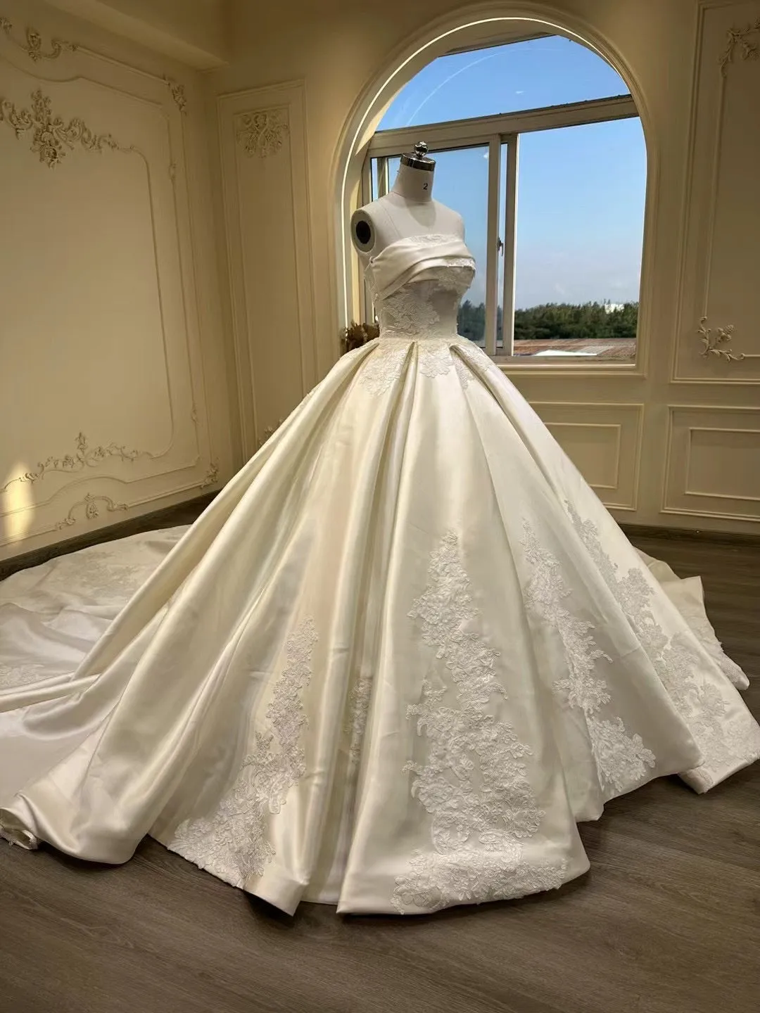Off shoulder mikado matte satin alencon lace embellishments ivory white ball gown couture wedding dress 2024