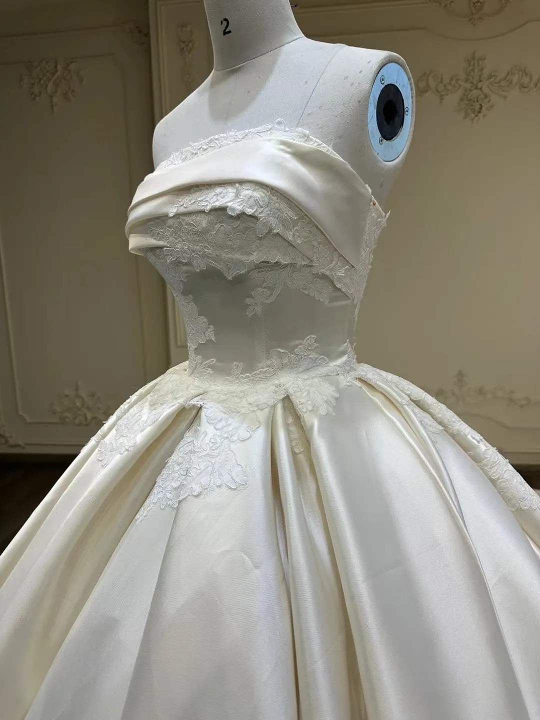 Off shoulder mikado matte satin alencon lace embellishments ivory white ball gown couture wedding dress 2024