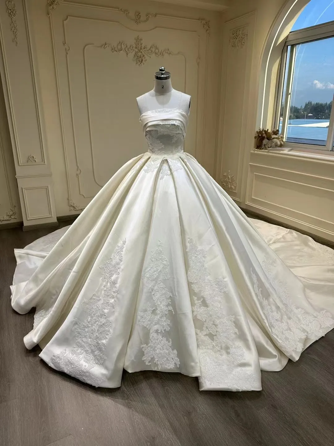 Off shoulder mikado matte satin alencon lace embellishments ivory white ball gown couture wedding dress 2024