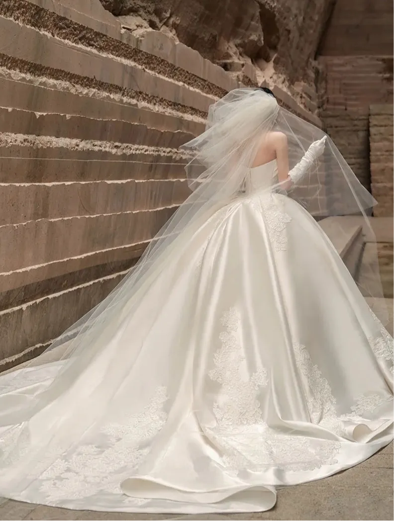 Off shoulder mikado matte satin alencon lace embellishments ivory white ball gown couture wedding dress 2024