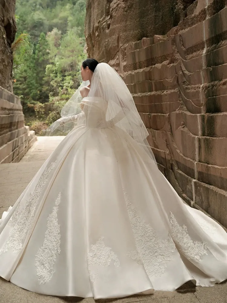 Off shoulder mikado matte satin alencon lace embellishments ivory white ball gown couture wedding dress 2024