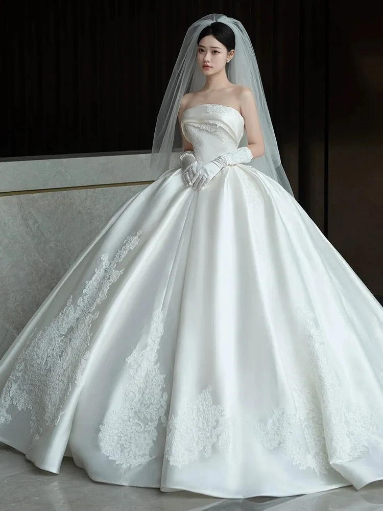 Off shoulder mikado matte satin alencon lace embellishments ivory white ball gown couture wedding dress 2024