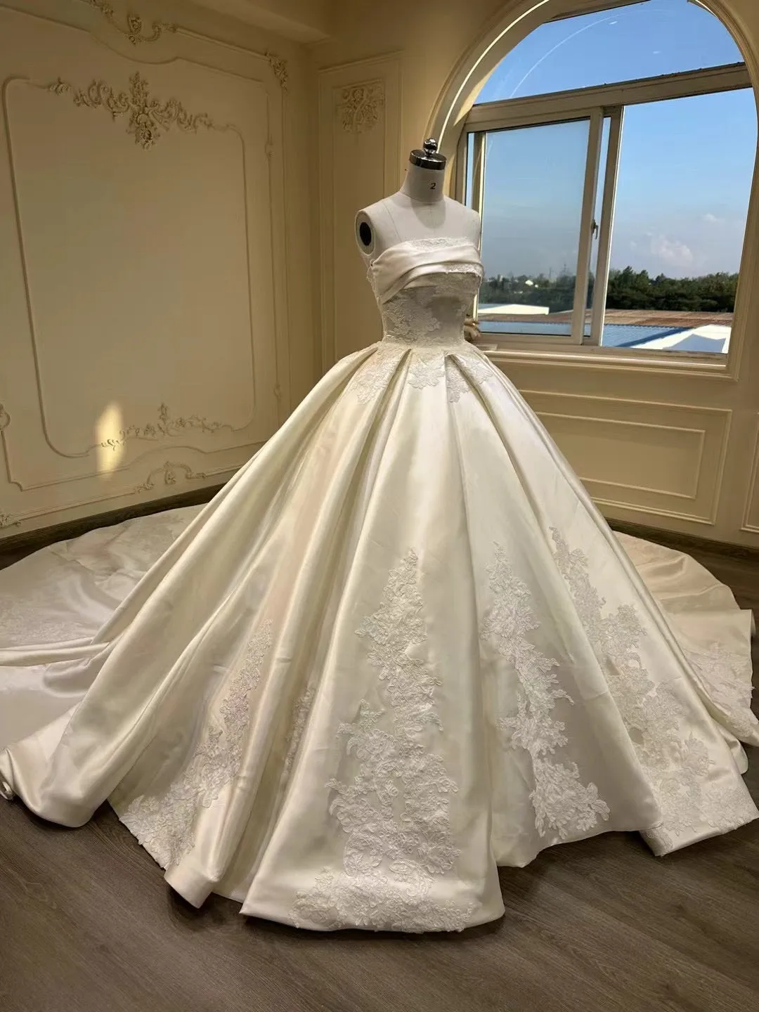 Off shoulder mikado matte satin alencon lace embellishments ivory white ball gown couture wedding dress 2024