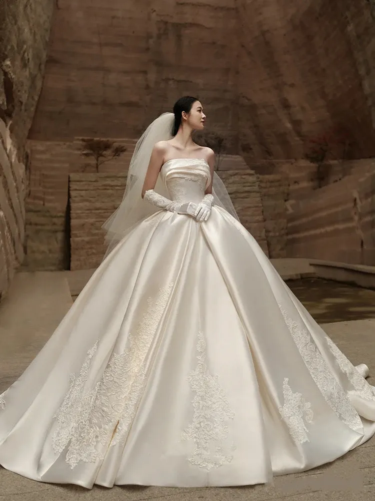 Off shoulder mikado matte satin alencon lace embellishments ivory white ball gown couture wedding dress 2024