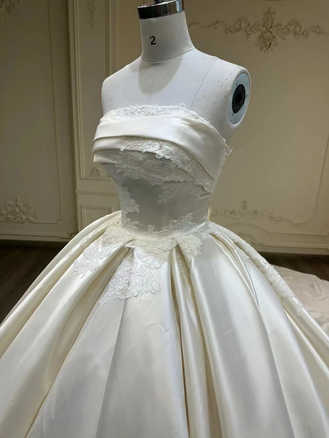 Off shoulder mikado matte satin alencon lace embellishments ivory white ball gown couture wedding dress 2024