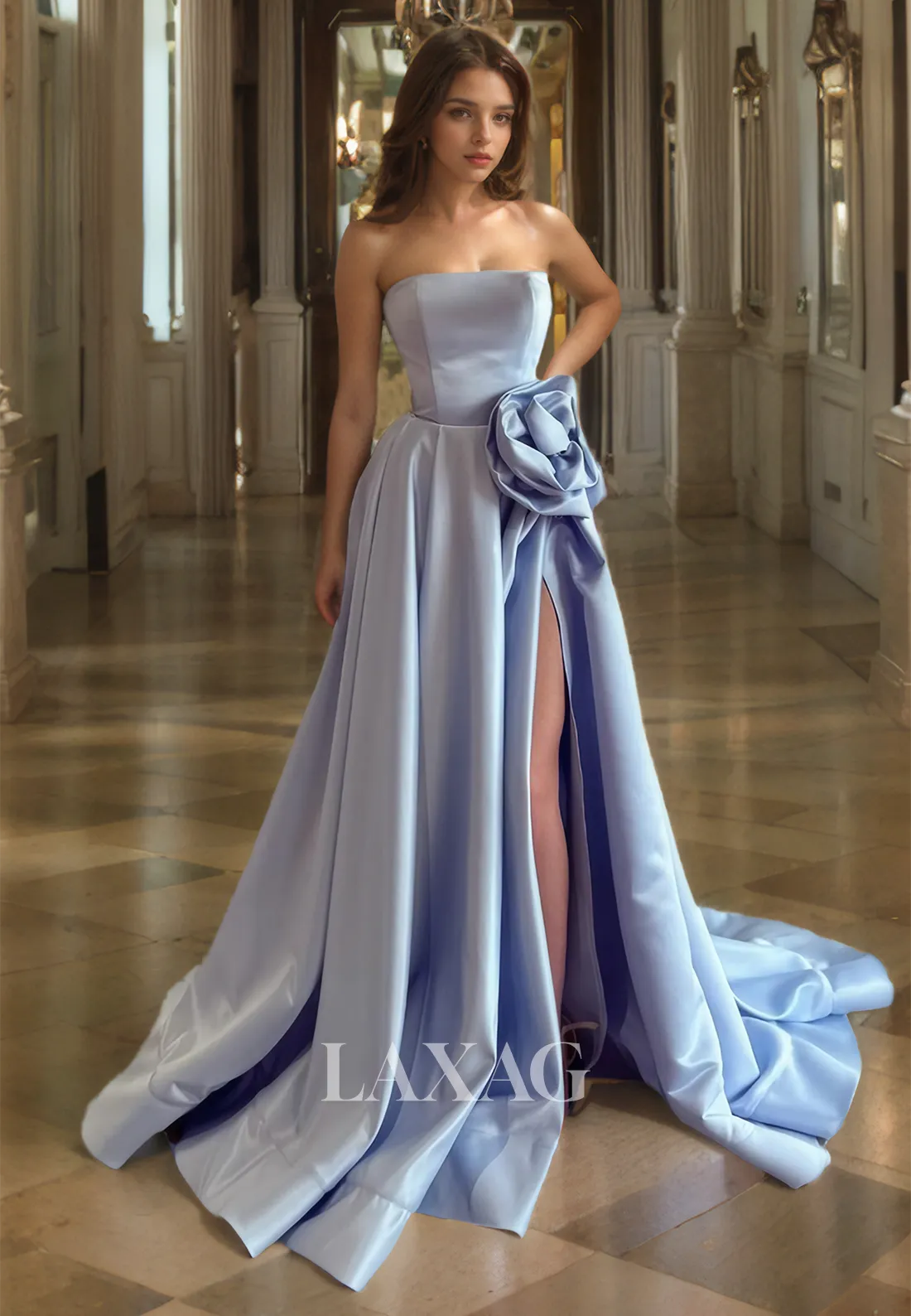 Off-Shoulder Tube Top Satin A-Line Formal Party Gowns Sleeveless Floral Embellishe Prom Dress Slit with Train