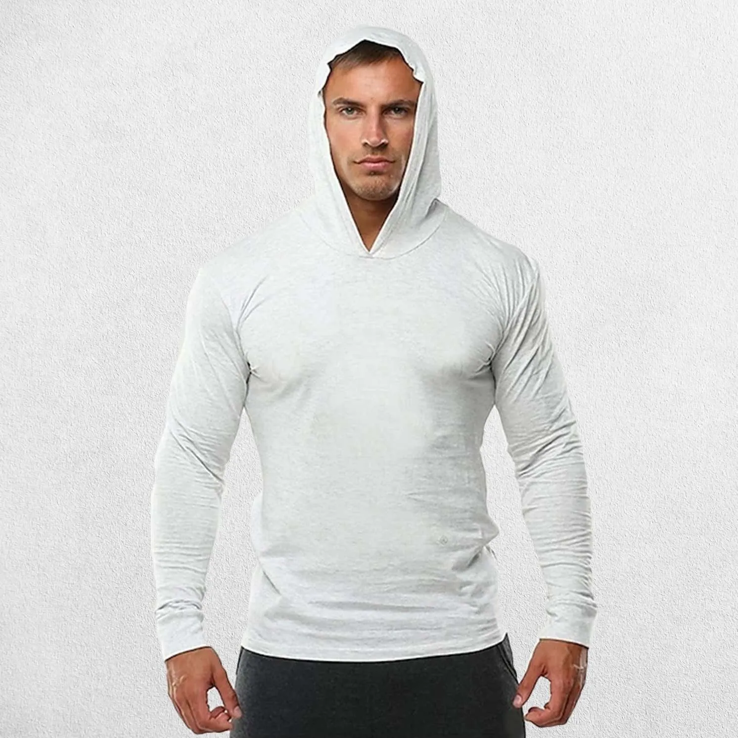 Plain Cotton Activewear Long Sleeve Slim Fit Men's Hooded Shirt