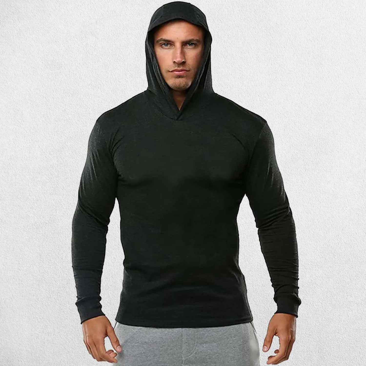 Plain Cotton Activewear Long Sleeve Slim Fit Men's Hooded Shirt
