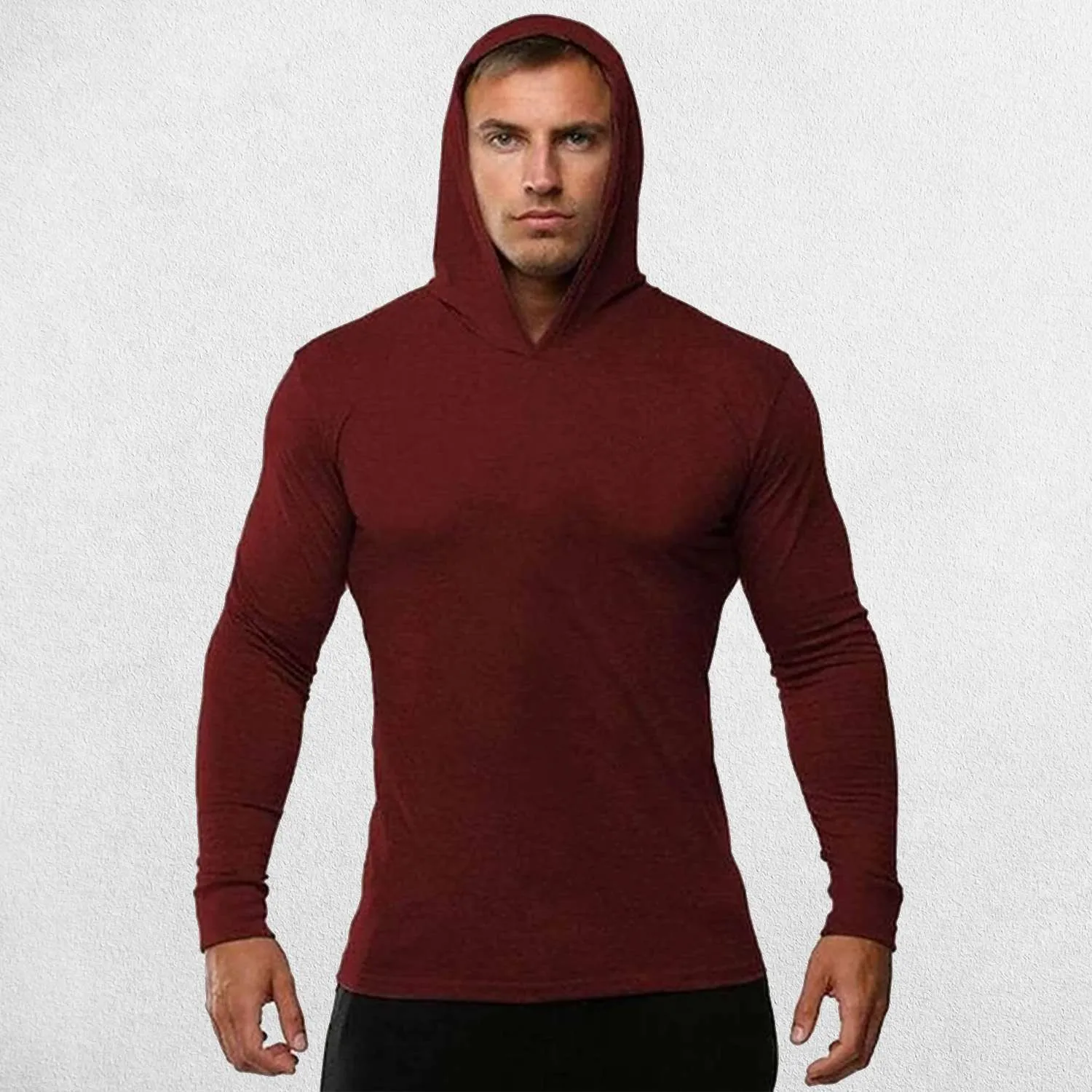 Plain Cotton Activewear Long Sleeve Slim Fit Men's Hooded Shirt