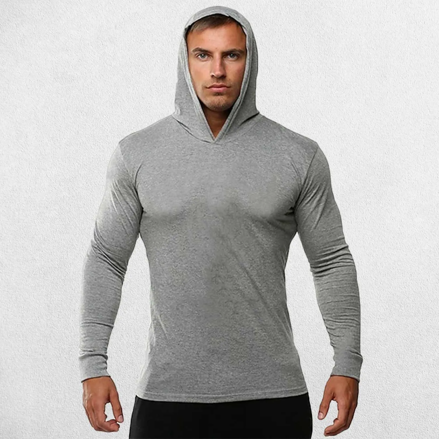 Plain Cotton Activewear Long Sleeve Slim Fit Men's Hooded Shirt