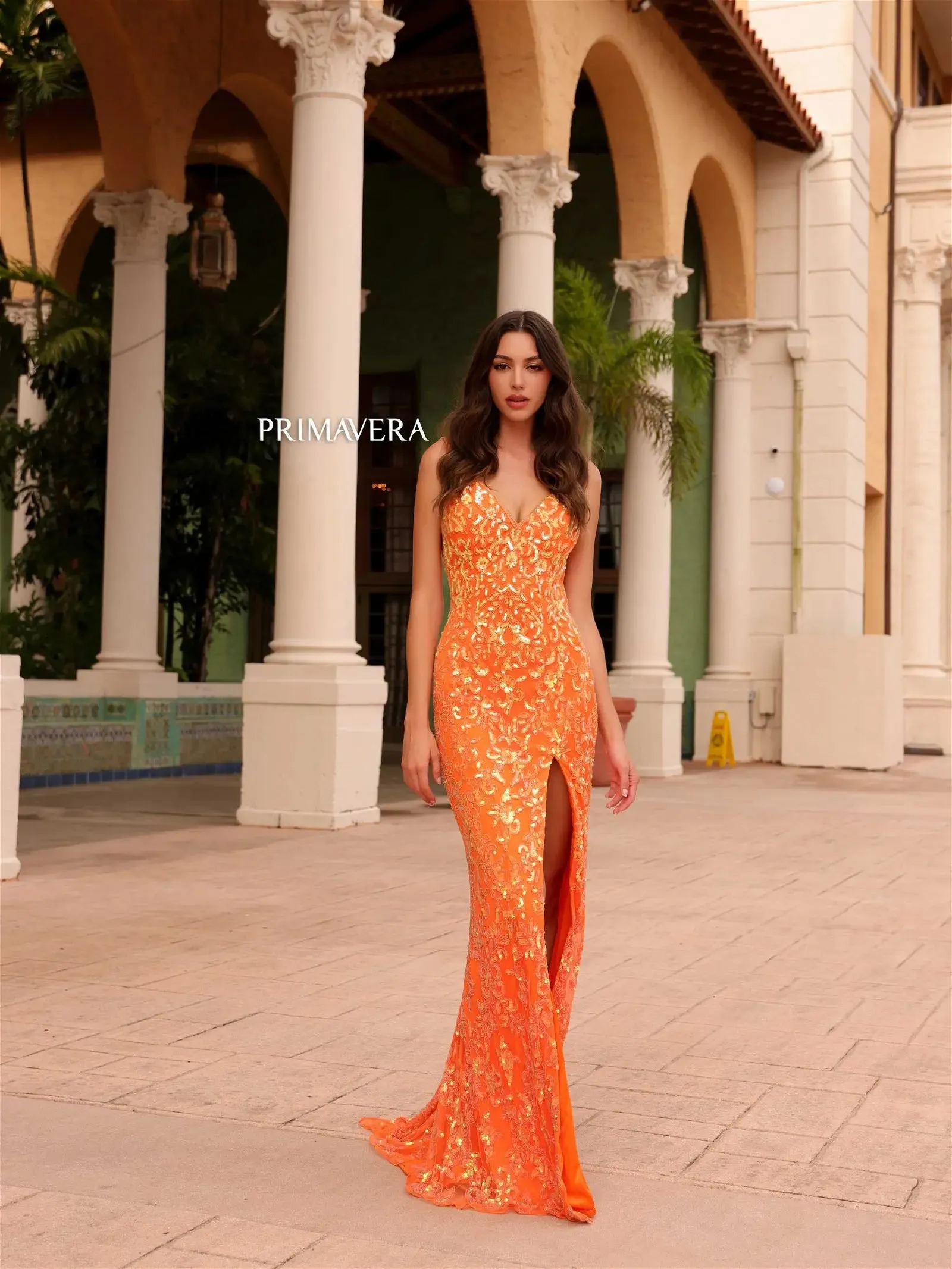 Primavera Couture 4150 Long Prom Dress Beaded Fitted High Slit Open Back Sequin V Neck Formal Pageant Gown