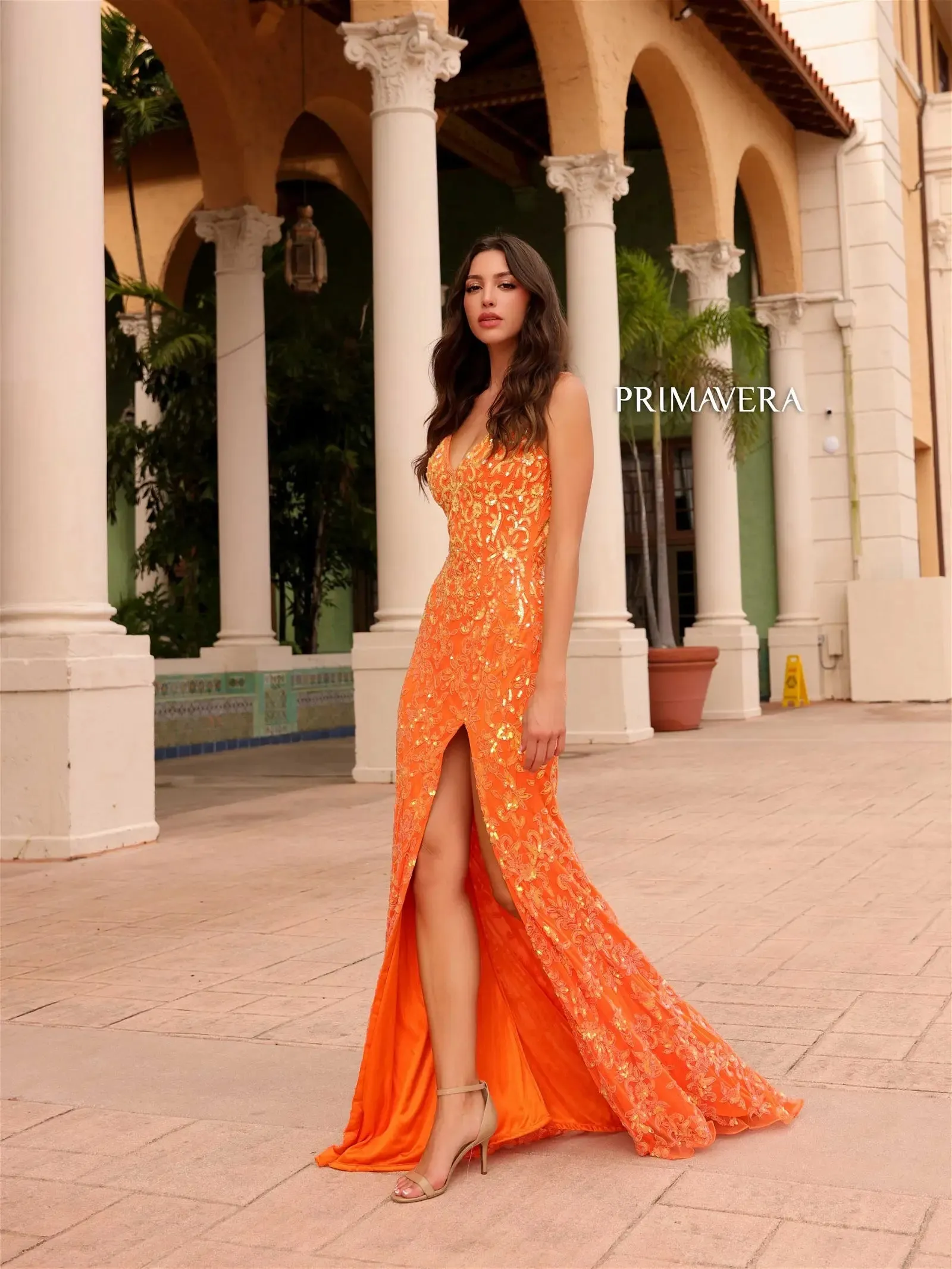 Primavera Couture 4150 Long Prom Dress Beaded Fitted High Slit Open Back Sequin V Neck Formal Pageant Gown