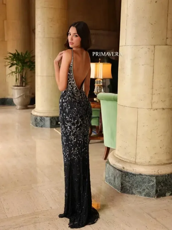 Primavera Couture 4150 Long Prom Dress Beaded Fitted High Slit Open Back Sequin V Neck Formal Pageant Gown