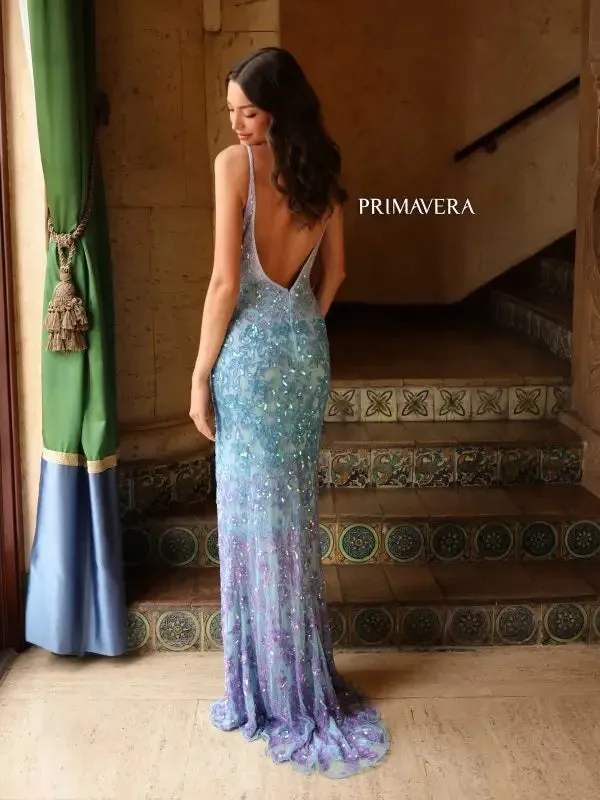 Primavera Couture 4150 Long Prom Dress Beaded Fitted High Slit Open Back Sequin V Neck Formal Pageant Gown