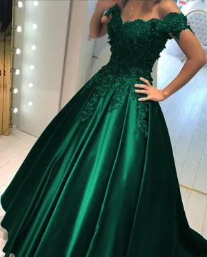 Satin Hunter Green Off Shoulders Ball Gown Prom Dress with Lace Appliques