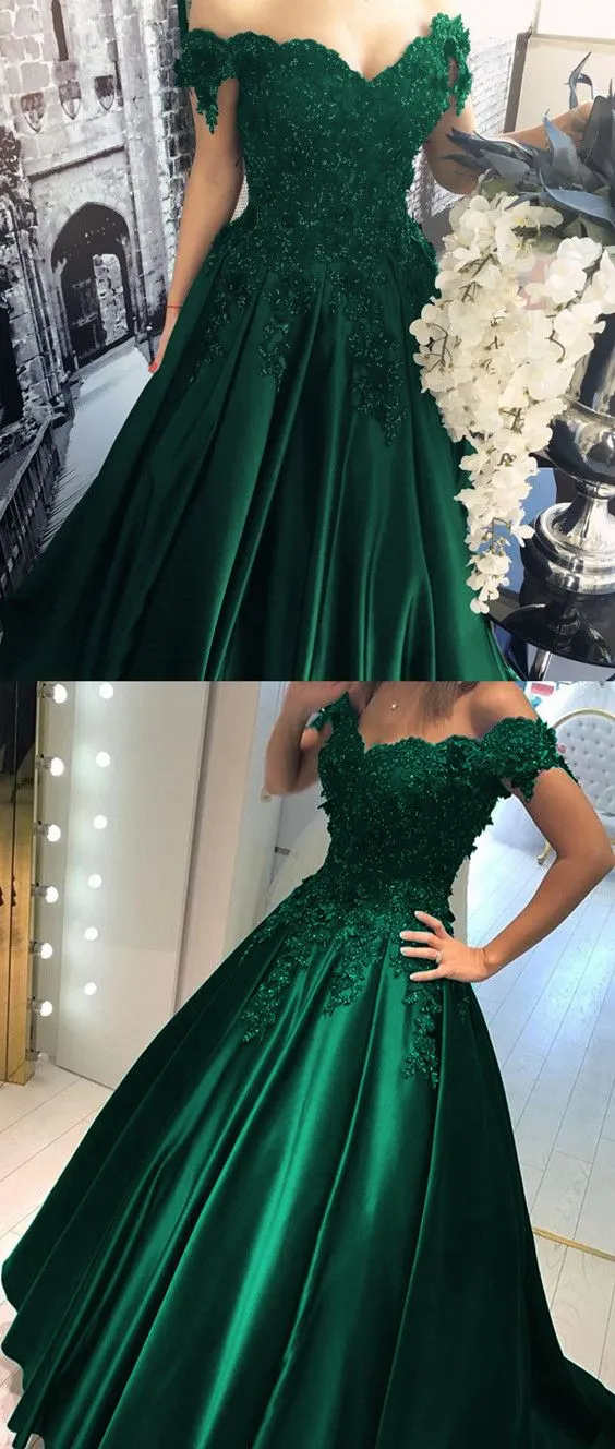 Satin Hunter Green Off Shoulders Ball Gown Prom Dress with Lace Appliques