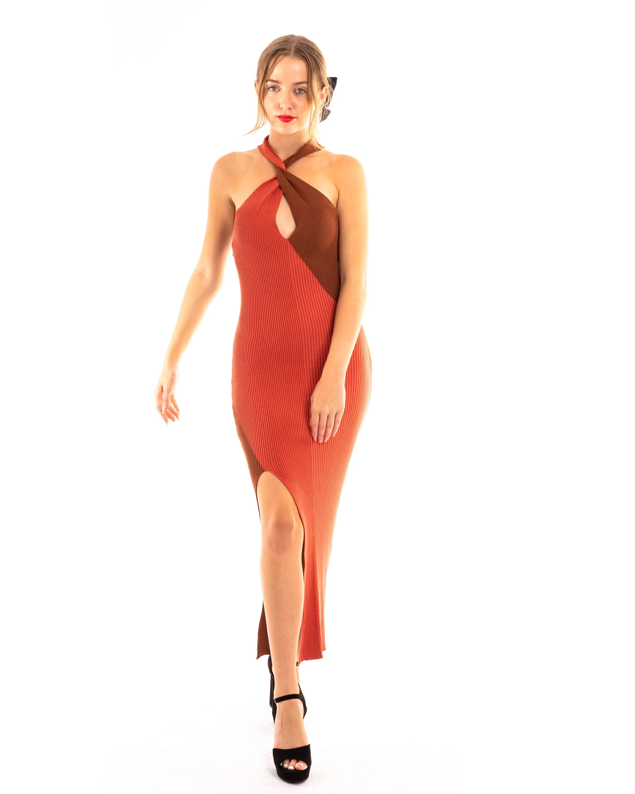 Soft Knitted Ribbed Midi Bodycon twist neck Dress In Brown coffee Contrast