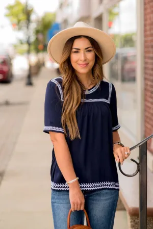 Stitched Trimmed Short Sleeve Blouse