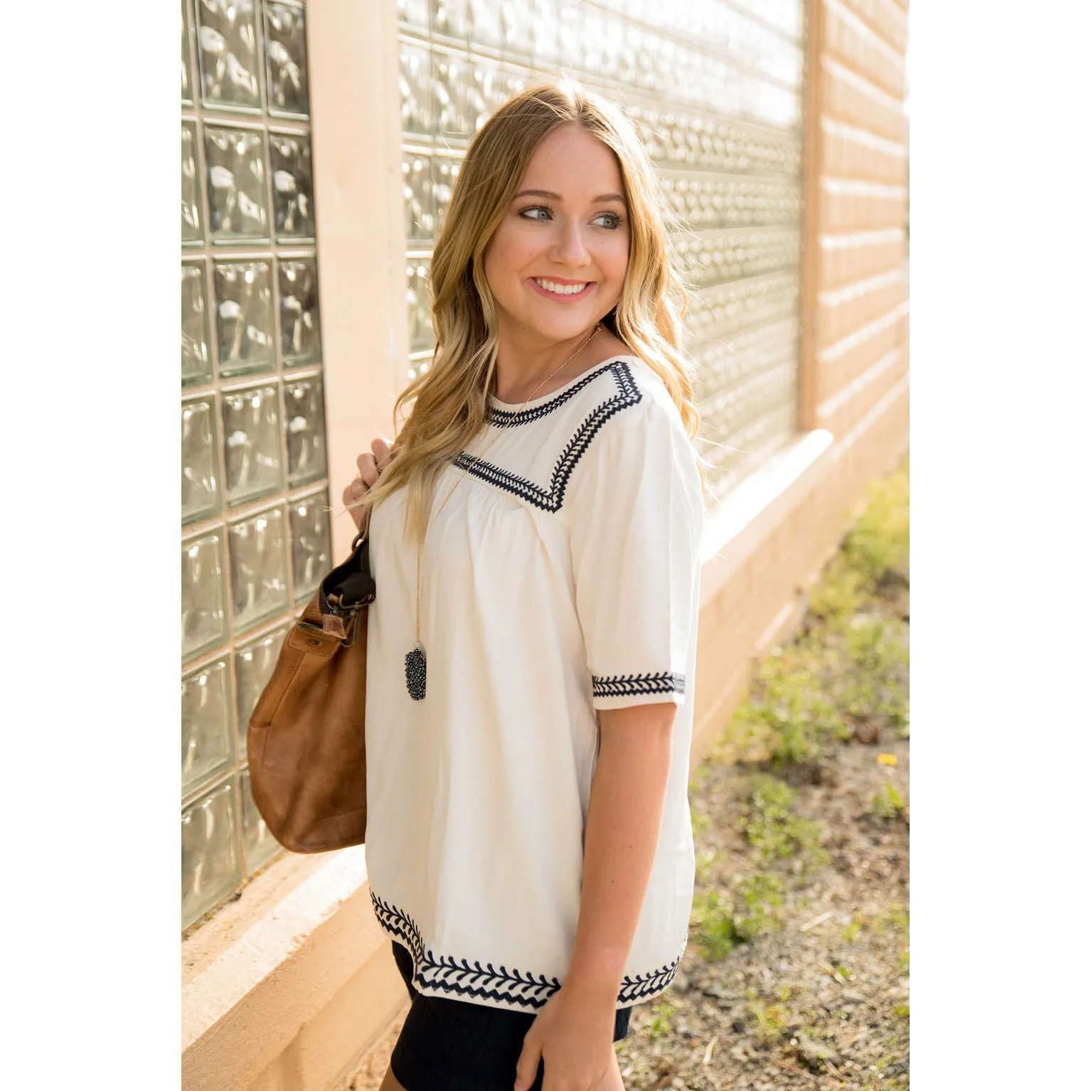 Stitched Trimmed Short Sleeve Blouse