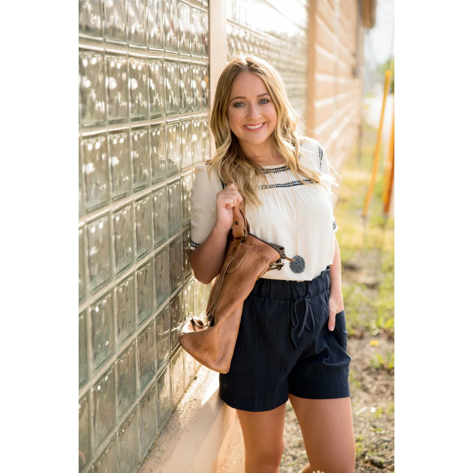 Stitched Trimmed Short Sleeve Blouse
