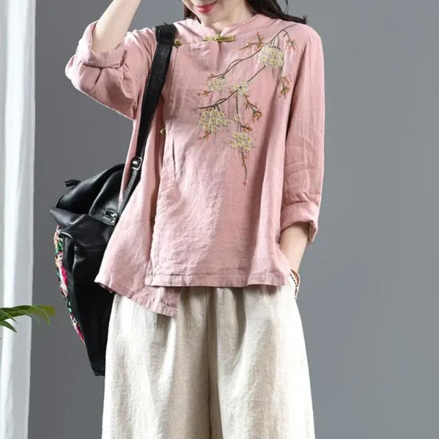 Style Vintage Button Stand Collar Loose Shirt Cotton Linen Embroidery Blouse