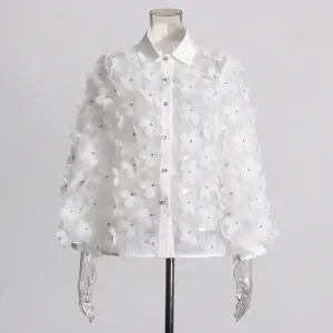 Trend4us Women’s Chic Floral Applique Mesh Blouse