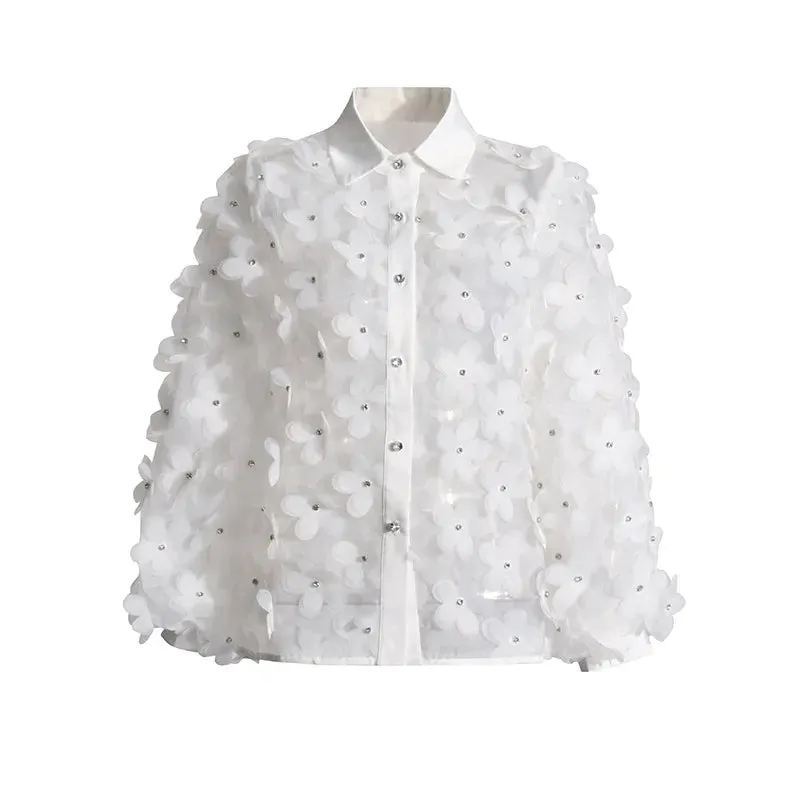 Trend4us Women’s Chic Floral Applique Mesh Blouse