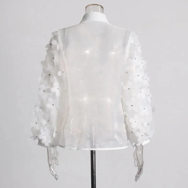 Trend4us Women’s Chic Floral Applique Mesh Blouse