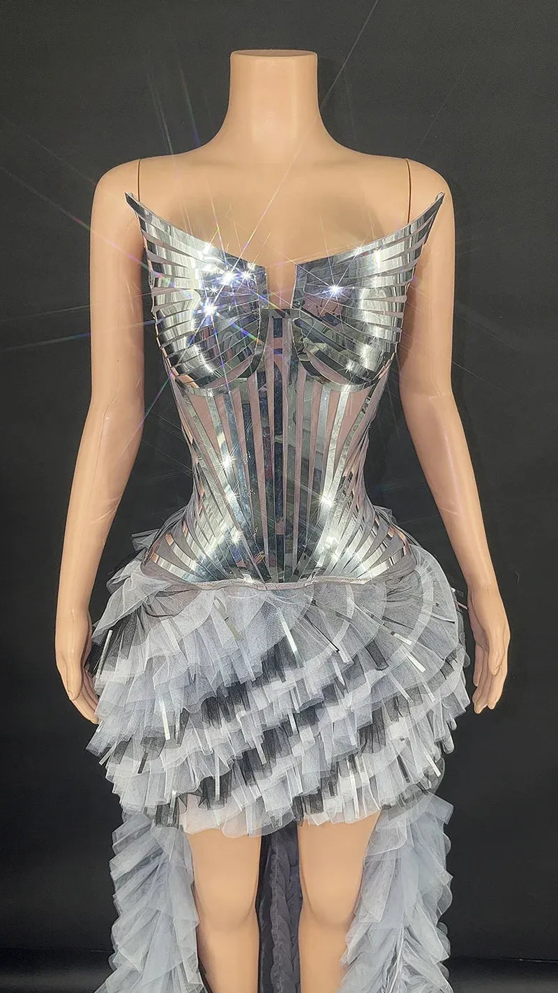 Trend4us Women's Glamorous Shiny Corset High-Low Evening Gown