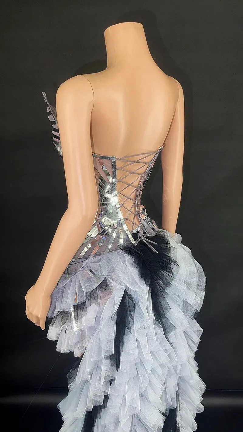 Trend4us Women's Glamorous Shiny Corset High-Low Evening Gown