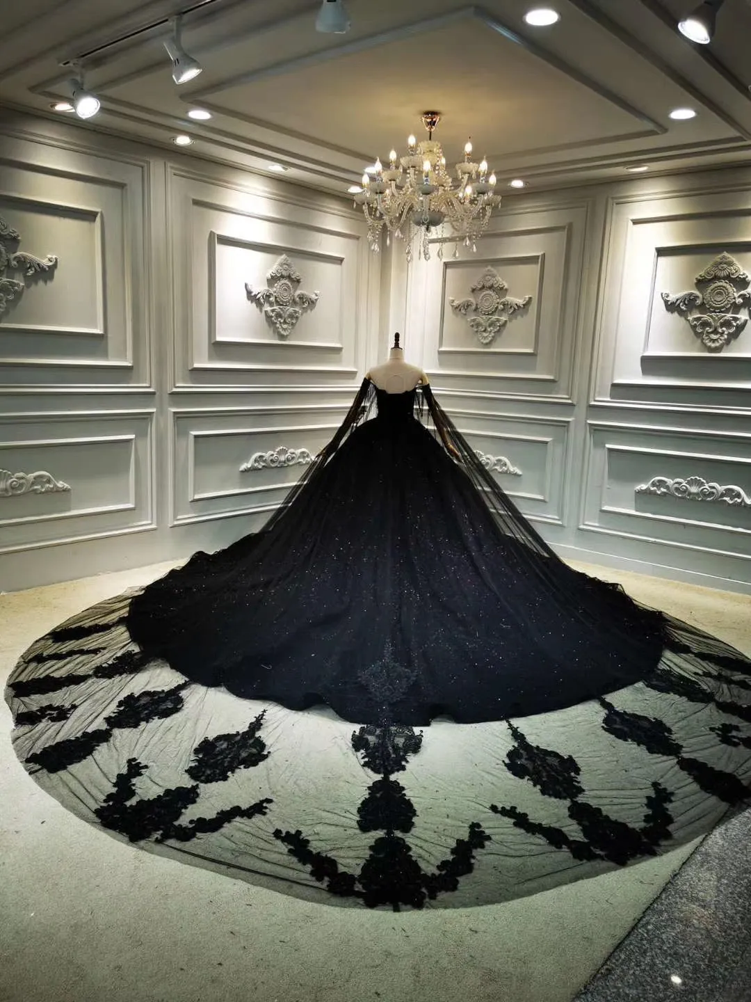 Unique off shoulder black lace sparkling glitter ball gown wedding prom dress 2020