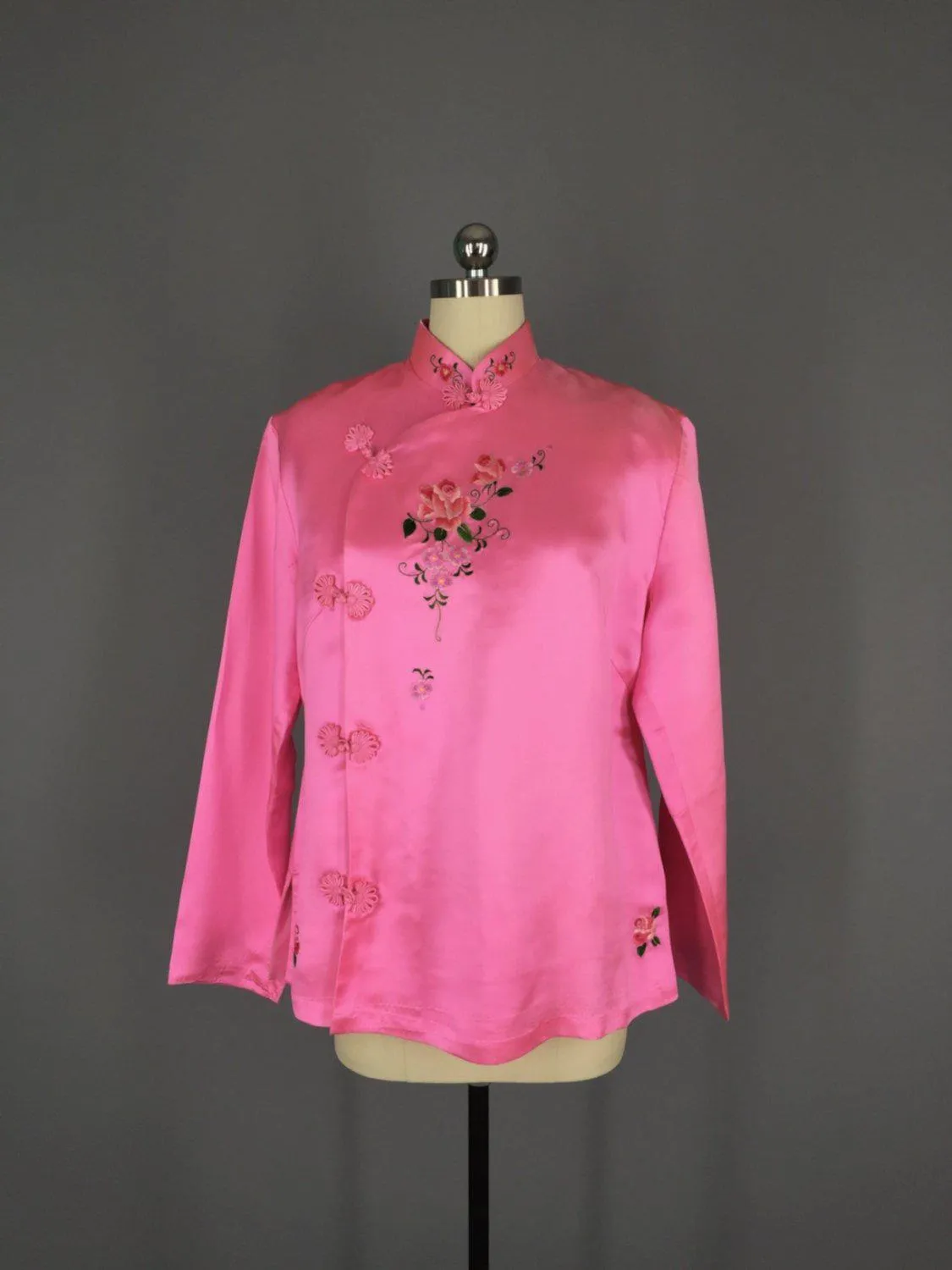 Vintage 1960s Pink Silk Satin Mandarin Blouse