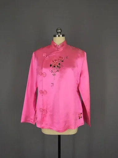 Vintage 1960s Pink Silk Satin Mandarin Blouse