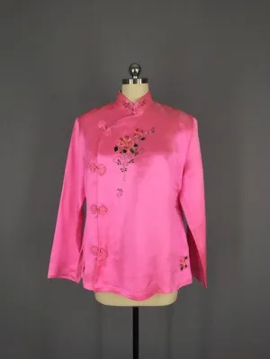 Vintage 1960s Pink Silk Satin Mandarin Blouse
