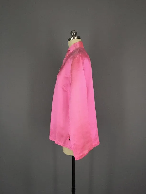 Vintage 1960s Pink Silk Satin Mandarin Blouse