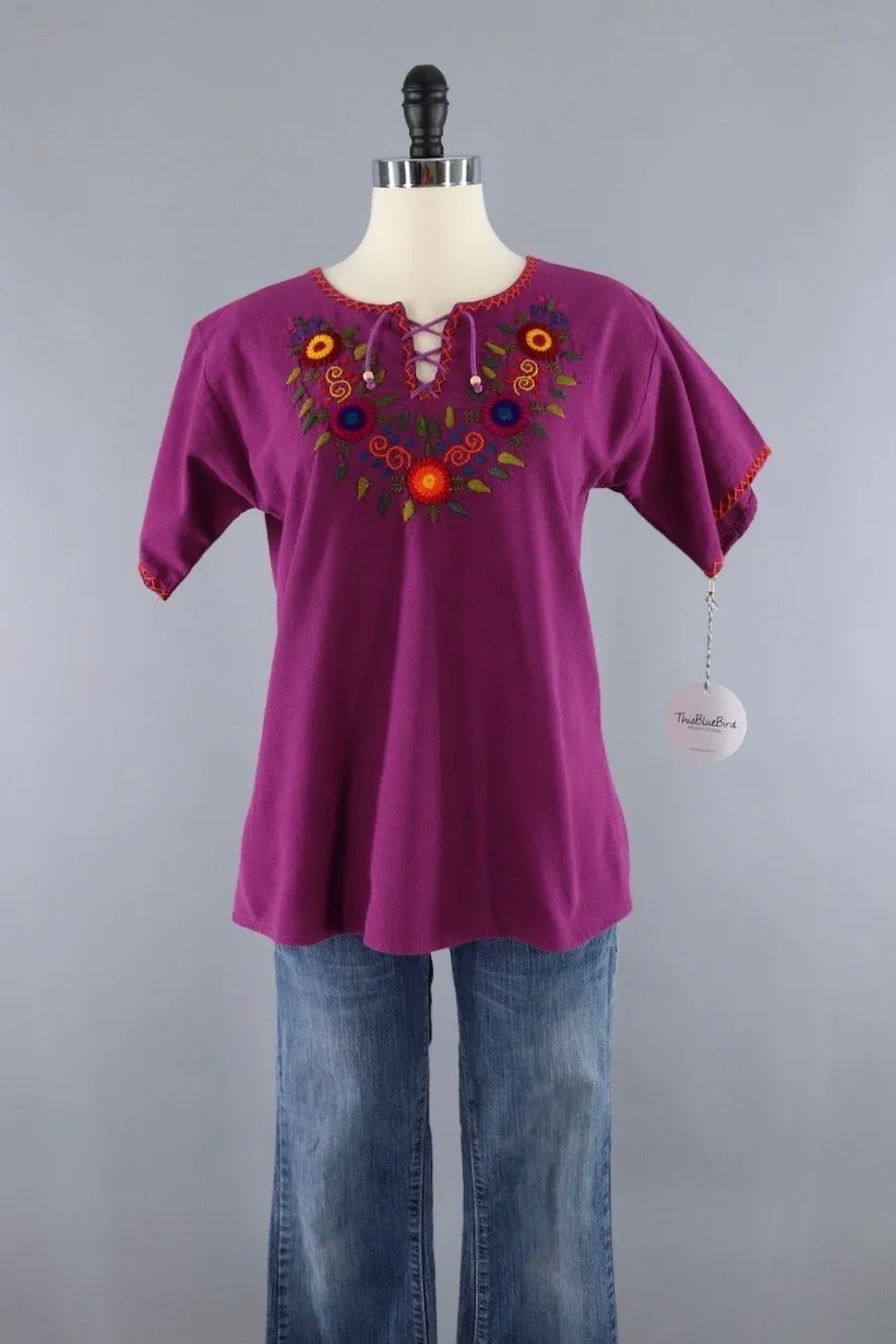 Vintage Purple Cotton Embroidered Tunic Blouse