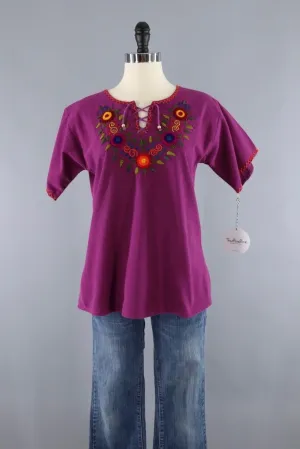 Vintage Purple Cotton Embroidered Tunic Blouse