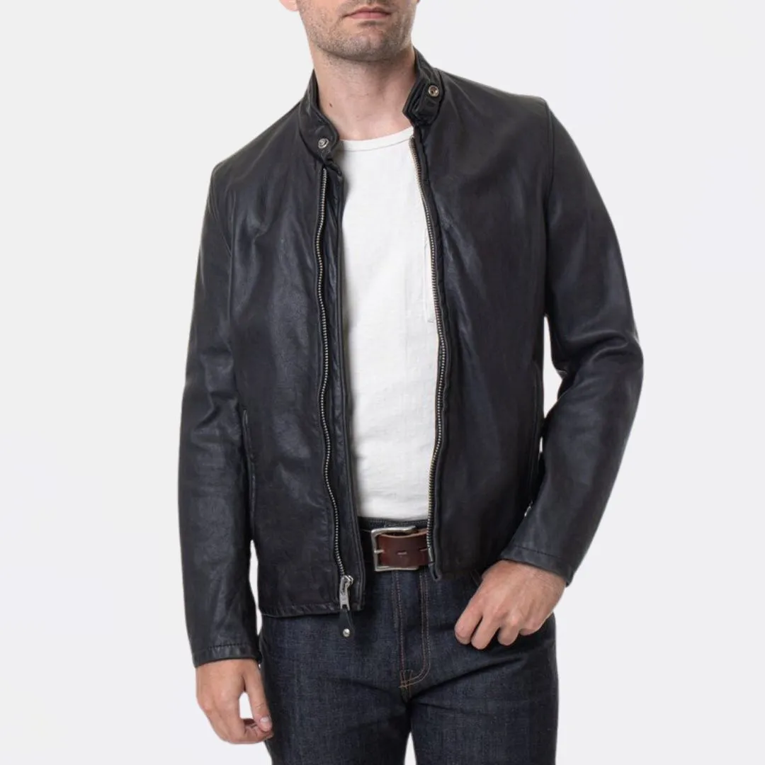 Vintaged Cowhide Café Racer Leather Jacket (Black)