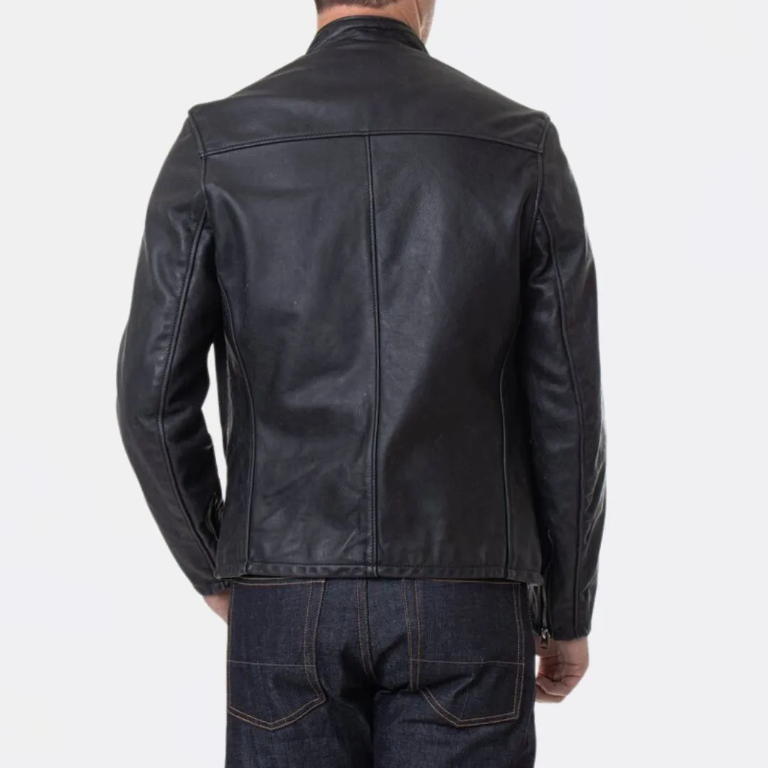 Vintaged Cowhide Café Racer Leather Jacket (Black)