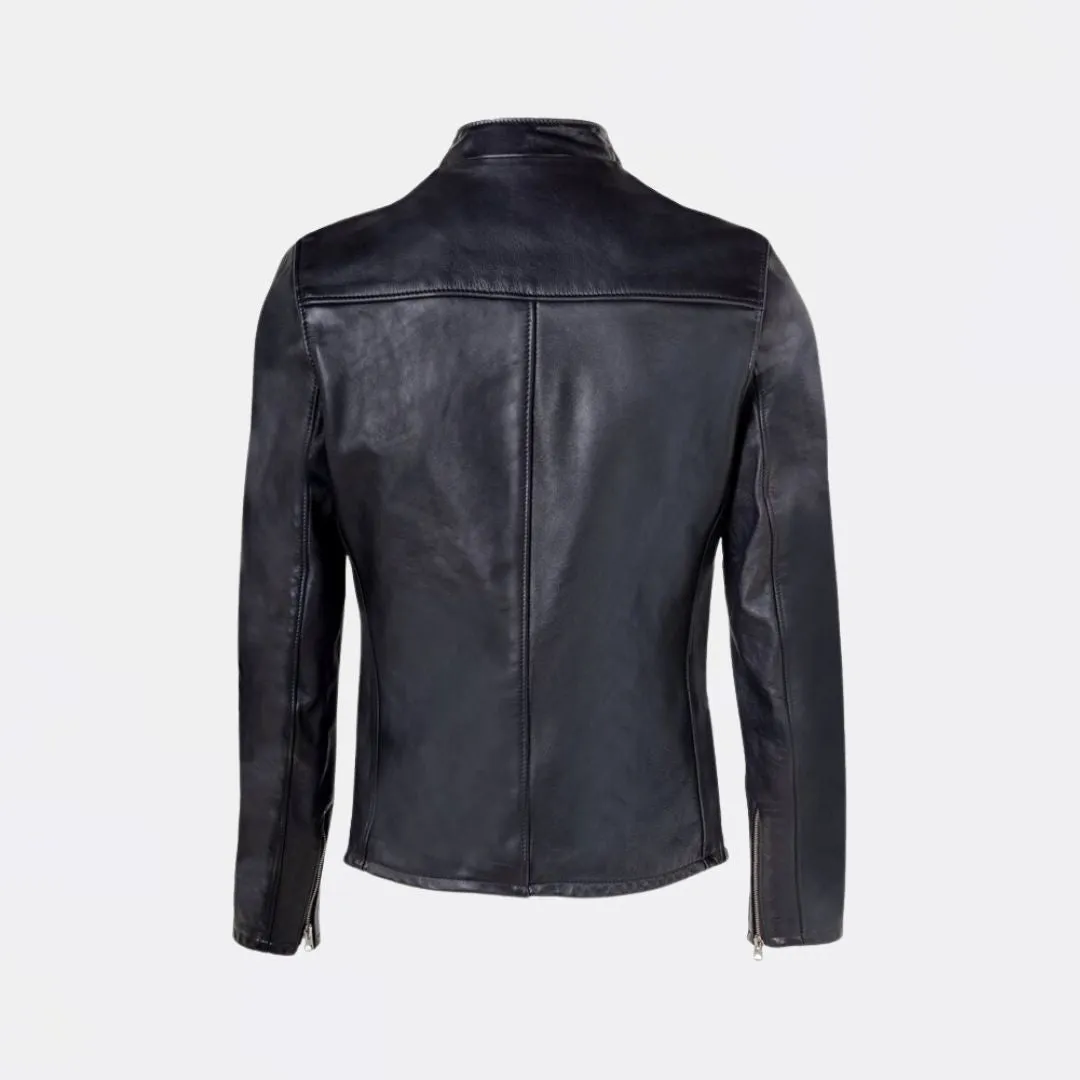 Vintaged Cowhide Café Racer Leather Jacket (Black)